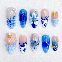Nouveaux faux ongles à presser 3D faits main, style exquis, motif fleur et papillon violet, longueur moyenne, pour un look tendance et féminin