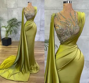 Arabico verde limone raso sirena da sera abiti da ballo con paillettes perline arricciato formale occasione indossare oro Hunter Robe de MP673