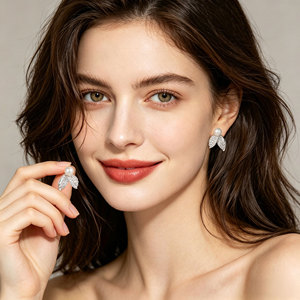 Double Leaf Pearl Stud <b>Earrings</b> With Micro Pave Zircon 925 Silver <b>Posts</b> For Everyday Wear - Product Image 2