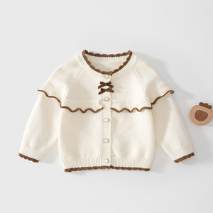 Cárdigan de punto <span class=keywords><strong>para</strong></span> bebé niñ<span class=keywords><strong>a</strong></span> con aplique de lazo 3D, ribete en contraste, manga larga, suéter de punto, <span class=keywords><strong>abrigo</strong></span> de algodón suave <span class=keywords><strong>para</strong></span> niños pequeños, OEM ODM - Product Image 2