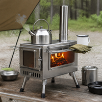 Poêle de tente 360° en acier inoxydable, portable et léger, avec fenêtre de visualisation unique, à bois, pour tente chauffée, camping, avec support métallique pliable