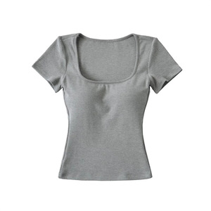 T-shirt <span class=keywords><strong>basic</strong></span> da donna con scollo rotondo, imbottitura sul petto, traspirante, elasticizzato in quattro direzioni, vestibilità slim, crop top estivo a tinta unita - Product Image 3