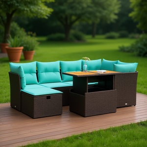 Poly Rattan Patio <b>Sofa</b> <b>Set</b> With Cushions Garden Outdoor Furniture Contemporary Design Brown 7 Piece - Product Image 2
