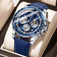 Montre à quartz pour homme POEDAGAR 879, sportive et luxueuse, cadran bleu, lunette tachymètre, bracelet en cuir, étanche, lumineuse, date, montre-bracelet