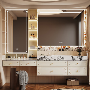 Mueble de Baño de Estilo Retro Francés, Gabinete de Madera Maciza, Encimera de Piedra Sinterizada Integrada, Espejo Inteligente, para Hotel o Villa - Product Image 2