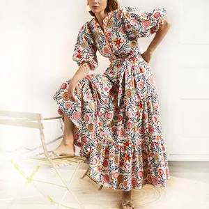 Vente en gros de vêtements d'été maxi à manches longues bouffantes, tissu de rayonne en coton imprimé, robes Boho personnalisées de haute qualité pour femmes