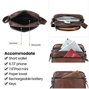 Bolso Cruzado para Hombre de Piel Genuina de Vacuno con Textura Lichi, Duradero, para Negocios y Viajes, Primavera 2024, Color Café, Marca Privada Licenciada - Product Image 3