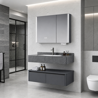 Meuble de salle de bain moderne avec miroir LED en contreplaqué gris, vasque, miroir de maquillage, organisateur de lavabo, meuble sous-vasque en pierre, mural