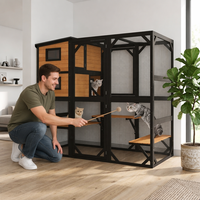 Maison pour chat d'extérieur moderne en bois de sapin massif avec toit en bois imperméable et plateforme multi-niveaux à motif imprimé