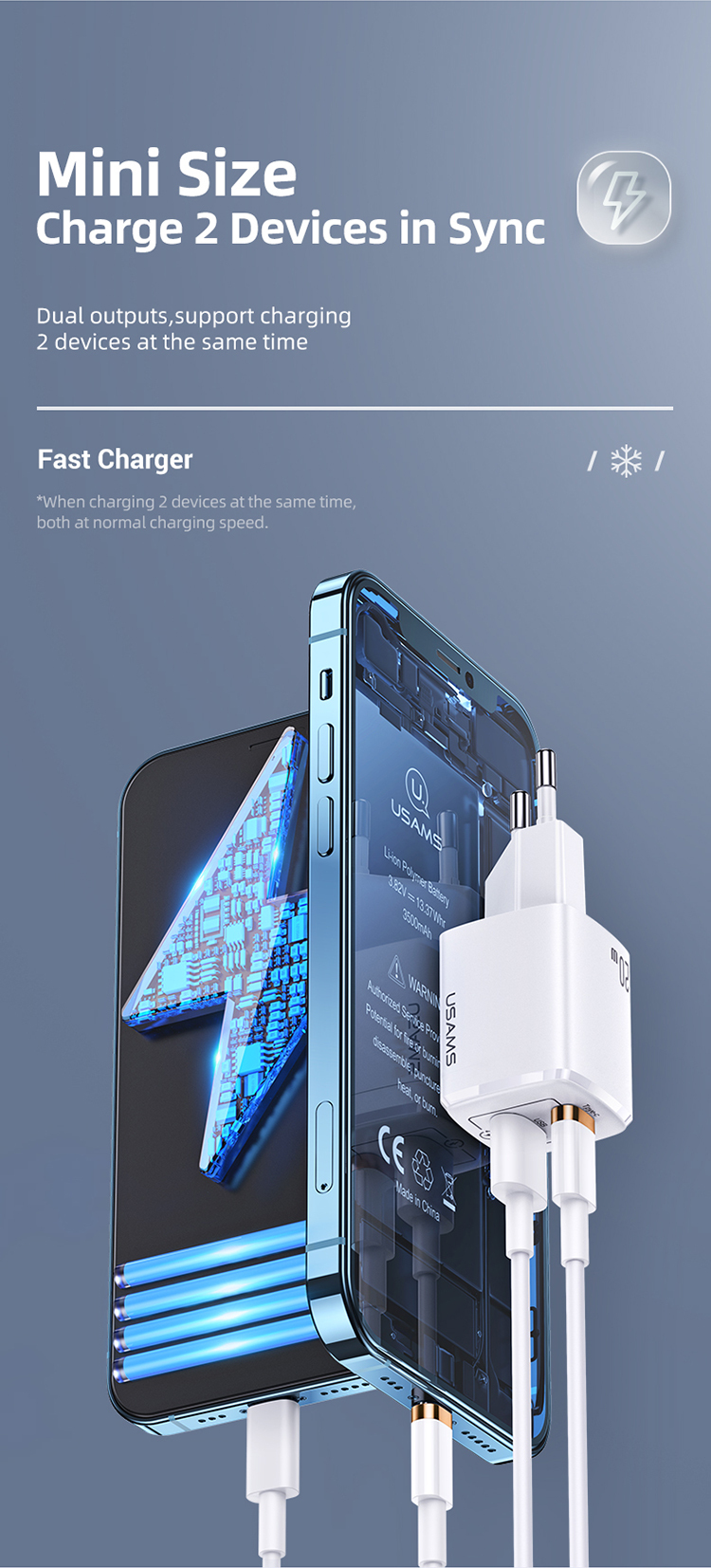 USAMS T37 Super Si 20W QC3.0+PD Fast Charger with Type C and USB 2 Ports (EU) US-CC128 23 H42a6ba6143494bd2b424ae90a321fa76D