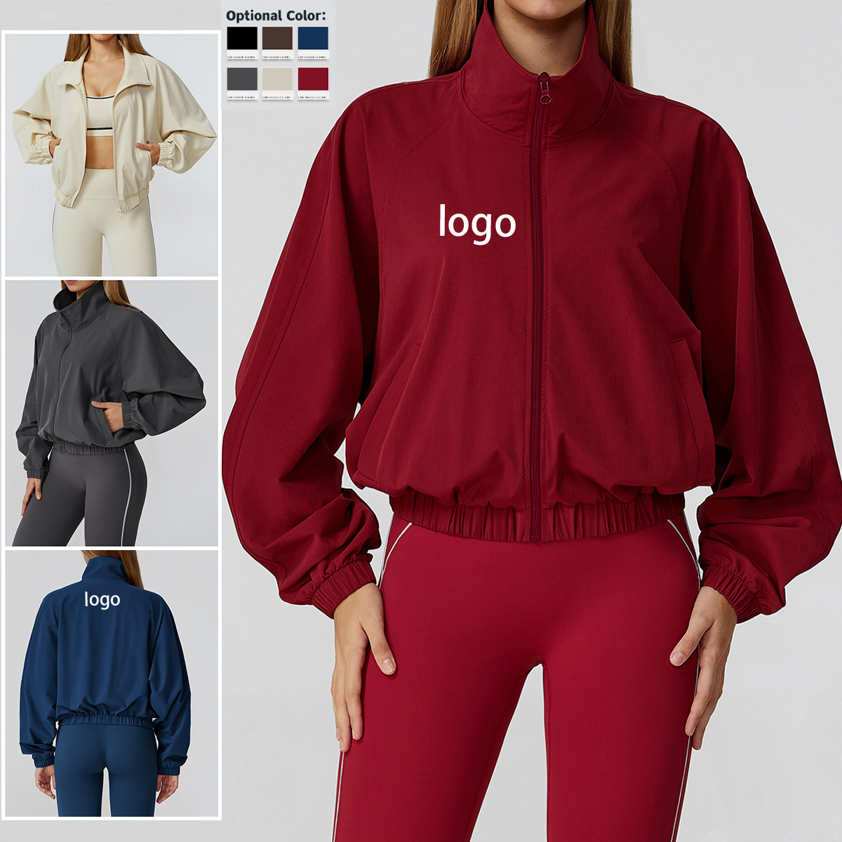 Quick-Dry Stand-Up Collar Sports Jacket for Women Zipper Windproof Outdoor Running Fitness Long-Sleeve Yoga Top