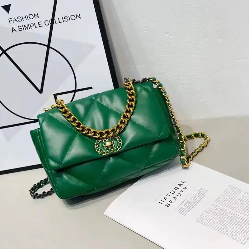 popular fashion women green soft padded quilted flap cross body handbags with thick chain hot sale girls ladies shoulder bags
