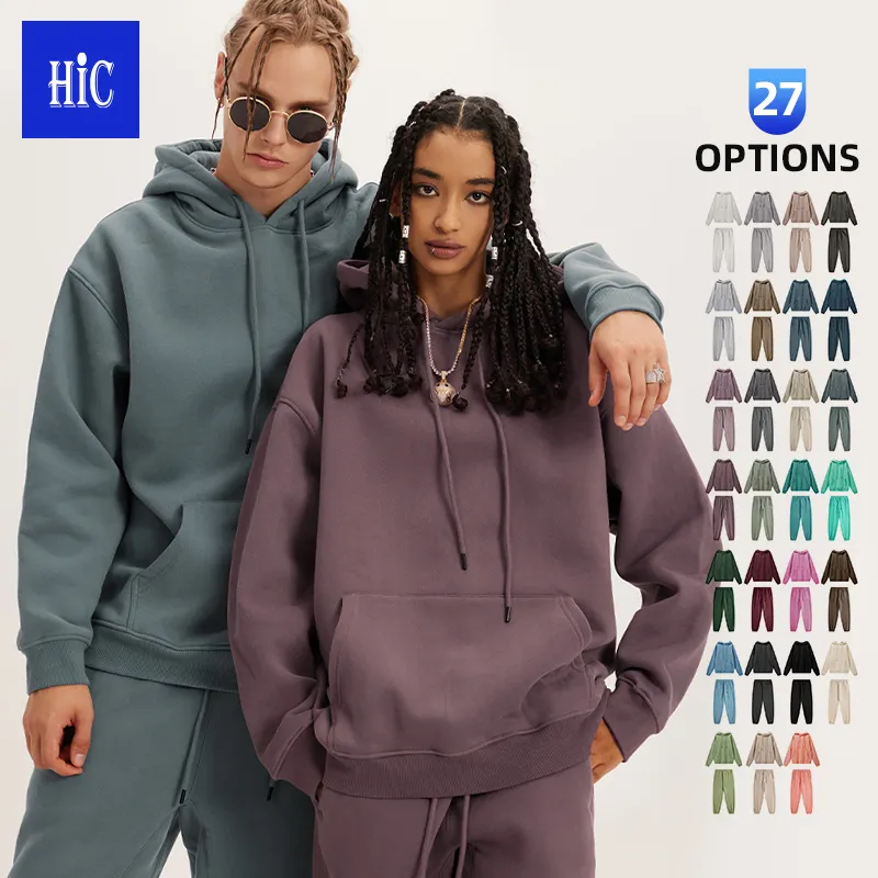 High Quality Unisex 2piece Casual Solid custom logo 345g Plus Size hoodies and sweat pants set cotton stacked for men