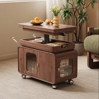 Table d'appoint multifonctionnelle en bois massif avec plateau relevable, réglage en hauteur et armoire de rangement avec porte en verre BJ02 #