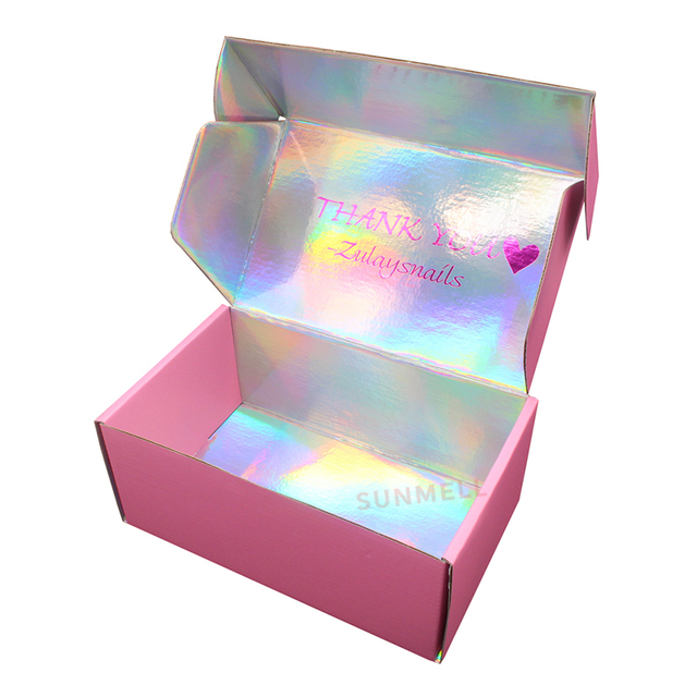 Custom Pink Holographic Mailer Box with Embossing Iridescent Packaging for Skincare Beauty Subscription Shipping Face Cream Use