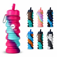 Bouteille d'eau pliable en silicone avec logo personnalisé, portable, anti-fuite, télescopique, pour le sport, gobelet de voyage pliable avec mousqueton