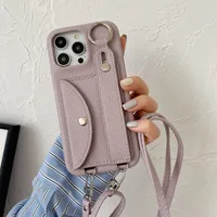 Casing Kulit dengan Tali Lanyard Selempang dan Tempat Kartu untuk iPhone 13 12 Mini 16 15 14 11 Pro XS Max X XR 7 8 Plus