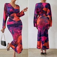 Robe Maxi Imprimée Printemps Automne Femme Manches Longues Col V Taille Haute Élégante Plissée de Soirée