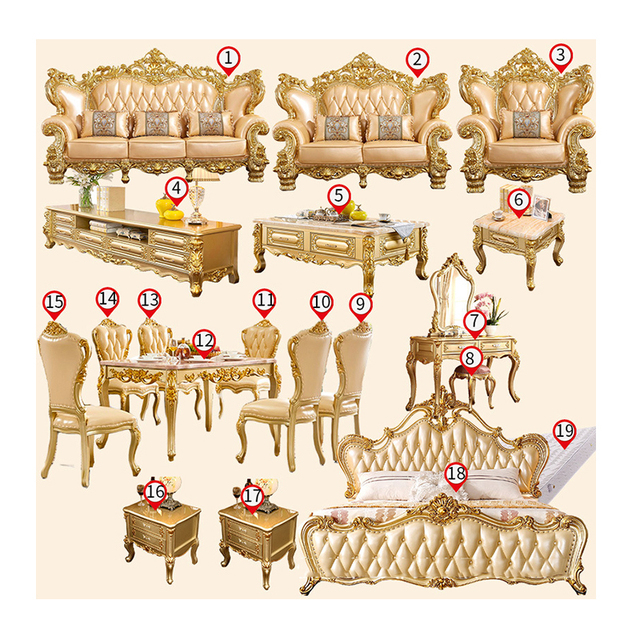 European Style Whole House Furniture Living Room Full Set Luxury Villa Sofa High-end Set Neoclassic Golden Home Set