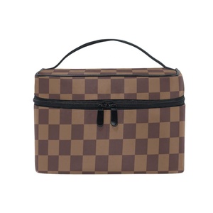 Luxury Personalize Portable Brown Checkered Toiletry <b>Case</b> <b>Makeup</b> Bag Ladies Travel Square Cosmetic Bag with Zipper and Handle - Product Image 1