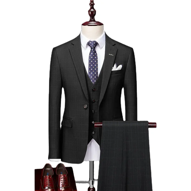 Groom suit men's three-piece wedding slim business casual formal suit British plaid suit men