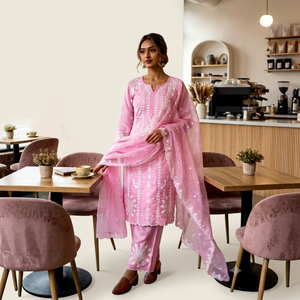 Conjunto Indio-Pakistaní Rosa Bordado, Kurta de Manga Larga, Pantalón Palazzo y Chal, Traje Festivo - Product Image 1