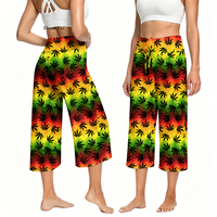 Pantalon Capri Rasta Dégradé pour Femme, Taille Haute, avec Cordon de Serrage, Motif Feuille d'Érable, Jambe Large, Idéal pour l'Été