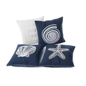 Custom Design Shell Starfish Jacquard Embroidery Pillowcase Navy Cotton Linen Knitted Liner Home Decorative Cushion Cases