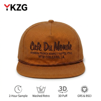 Cappello di Lusso Personalizzato con Logo, in Cotone Marrone Lavato di Alta Qualità, a 5 Pannelli, con Cordino, in Jersey Performance, Ricamo 3D a Rilievo, Visiera Piatta, Stile Retrò