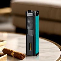 Briquet à gaz butane rechargeable à 3 flammes bleues pour cigarettes, barbecue, bougies, briquet à cigares portable en métal avec coupe-cigares