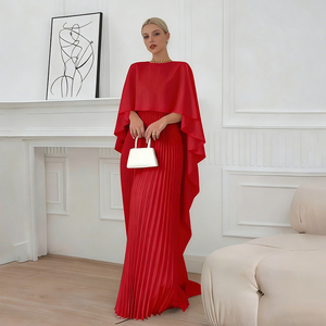 Ensemble Robe Longue Plissée Maxi Élégante Rouge Couleur Unie à Manches Longues 2 Pièces pour Femmes Soirées Dîners - Product Image 2