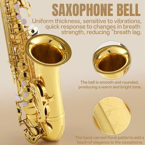 Saxophone alto en Mi bémol Kmise, en laiton léger, kit complet avec étui portable, support de saxophone, sangle, anches, silencieux, kit de nettoyage (laque dorée) - Product Image 4