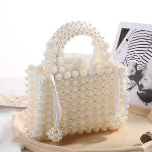 Bolsa de mão luxuosa para mulheres, sacola de mão em resina com contas de pérolas para festas de casamento, bolsa de mão com pérolas