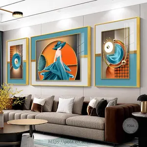 POLA 3pcs现代抽象风格挂画橙色美女高档大气水晶瓷器画家居装饰