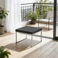 Table basse carrée minimaliste moderne avec structure en acier inoxydable poli et plateau en bois et métal noir, meubles de salon