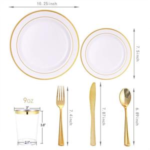 150 Uds. Platos con borde dorado, cubiertos de plástico, tazas con borde dorado, vajilla desechable, cubiertos, vajilla de fiesta para 25 invitados - Product Image 5