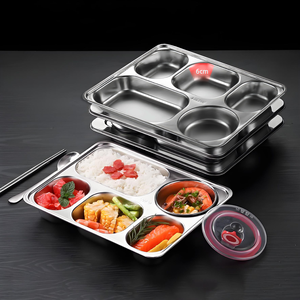 Yiti Nhanh Chóng Khay Thức Ăn 304 Thép Không Gỉ Hình Chữ Nhật Phục Vụ Bento Ăn Trưa Tấm Với Nắp 3 4 5 Ngăn Tự Chọn Bento Khay - Product Image 2