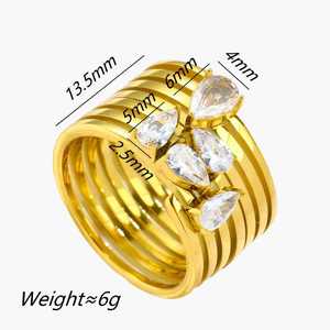 <b>Stainless</b> <b>Steel</b> 18K Gold-Plated Multi-Striped Band <b>Ring</b> Teardrop Zircon Cluster-Vintage Stylish Statement Wide <b>Ring</b> for Women - Product Image 6