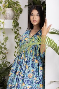 Flower Print Sea Green <b>Dress</b> For Women With Gathered V Neck Puffed Sleeves And <b>Elasticated</b> Waist For Stylish Casual Fashion Wear - Product Image 6