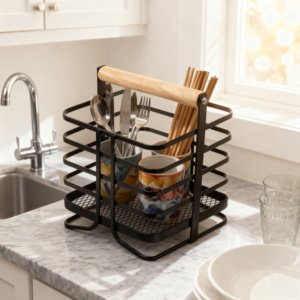 Panier de rangement multifonctionnel en métal pour ustensiles de cuisine, panier de drainage pour baguettes, pour comptoir de cuisine - Product Image 4