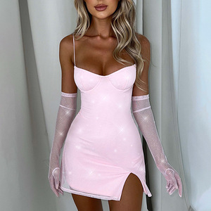 Vestido de noche de moda para mujer con escote corazón, espalda descubierta, malla con capa transparente, manga larga y falda corta - Product Image 1