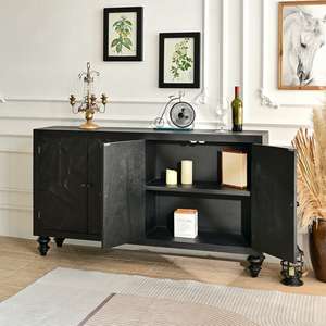 INNOVA HOME Farmhouse Dining Room Handmade Wood Carved <b>Black</b> Rustic Living Room Storage Side <b>Cabinet</b> with 4 Doors Accent Entry - Product Image 3