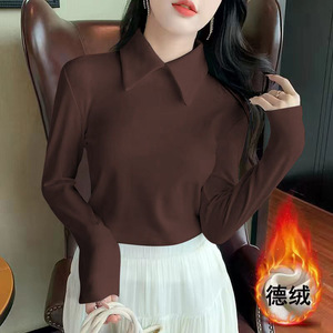 Polo Collar Fleece Warm Long Sleeve Base <b>Layer</b> <b>Top</b> Women Autumn Winter Innerwear Solid Color Stand Collar Off White Black - Product Image 2