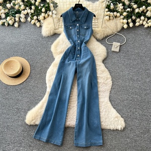 Mono largo vaquero vintage de verano con cuello en V y cintura alta sin mangas para mujer - Product Image 1