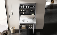 Meuble de salle de bain en contreplaqué avec miroir gris, vasque flottante, éclairage LED tactile intelligent, double porte, étagères latérales de rangement pour appartement