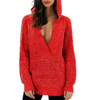 Özel sıcak ve rahat triko konfeksiyon kış giyer kırmızı v yaka uzun kollu büyük boy kazak kadın kapüşonlu süveter