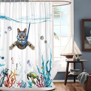 Rideaux de <span class=keywords><strong>douche</strong></span> personnalisés avec <span class=keywords><strong>photo</strong></span> 3D Fowocu, chat amusant, poisson, avec crochets, tissu imperméable bleu océan, <span class=keywords><strong>rideau</strong></span> de salle de bain/ - Product Image 5