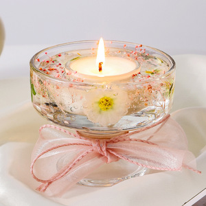 Preserved Flower Jelly Scented Candle Clear Glass Cup Pink <b>Ribbon</b> Decor Romantic Bedroom Indoor Fragrance Home Ornament Gift - Product Image 1
