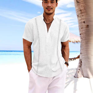 Camisa de lino y algodón con cuello Henry para hombres europeos americanos 2025, Color sólido, manga corta, <span class=keywords><strong>Guayabera</strong></span> cubana, Top informal de un solo pecho - Product Image 1