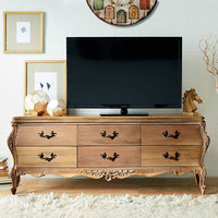Meuble TV multifonctionnel en bois massif de chêne américain, style vintage français, sculpté, couleur bois naturel, mobilier haut de gamme